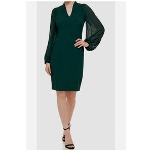 Vince Camuto Chiffon Crepe Bodycon Midi-Dress Dark Green Long-Sleeve Dress